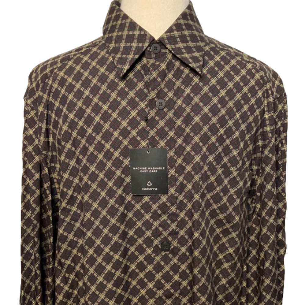NWT Claiborne Men’s Long Sleeve Shirt Burgundy Button Front Spread Collar M